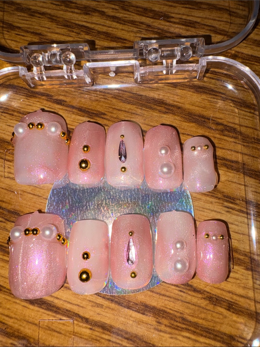 Pink Pearl & Gold Accent Press-On Nails - Women Makeup Press-On Nails